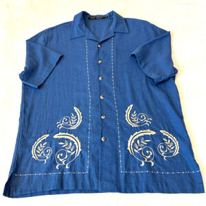 Alan Stuart Men Button Up Short Sleeve Shirt Large Blue Embroidered Linen Blend